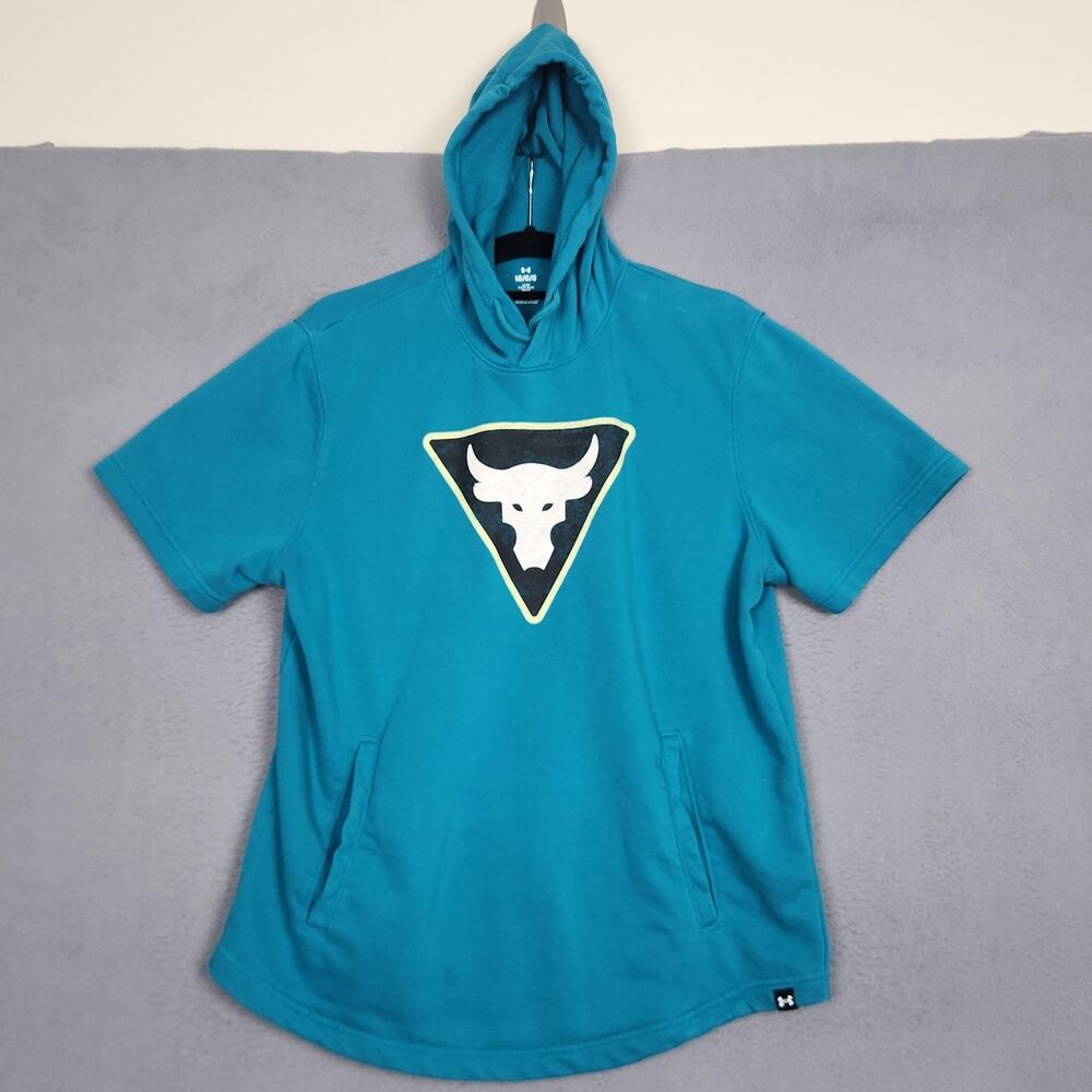 UNDER ARMOUR Project Rock Hoodie Mens Large Blue Short Sleeve Bull Logo Pullover